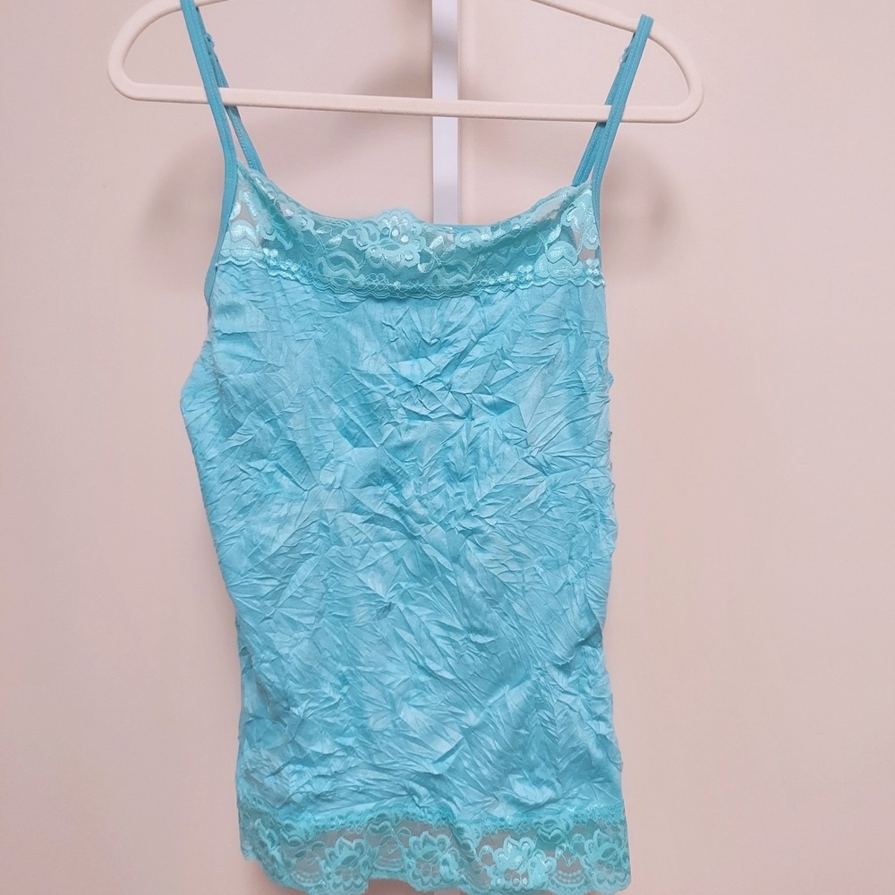 Maurices Turquoise Blue Crinkle Lace Trim Camisole Top M Y2K Style Fairy Mermaid